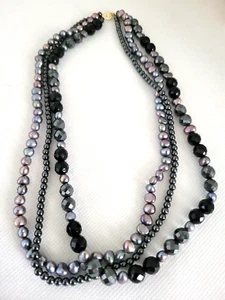 Multi Strang schwarze Perle schwarz Onxy Hämatit Halskette 14K Gelbgold Verschluss 18" - Bild 1 von 12