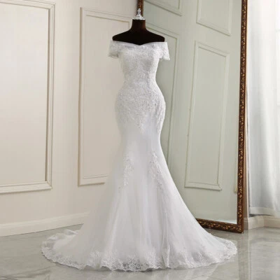 Elegant Mermaid Wedding Dress Boat Neck Short Sleeved Lace Applique Bridal Gowns - Image 1 of 4