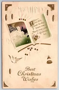 Christmas~Home w/Tower On Book Page~Bells~Bird~Pine~Airbrushed Embossed~1914 - Picture 1 of 2