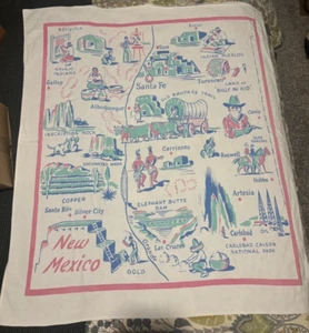 Vtg 50s New Mexico Cotton Souvenir Tea Towel Tablecloth Map Landmarks 31” X 38” - Picture 1 of 8