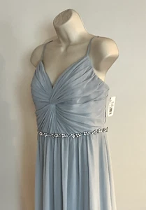 New! Davids Bridal Twist Bodice Chiffon Bridesmaid Dress Sz 8 Dusty Blue Beaded - Picture 1 of 9