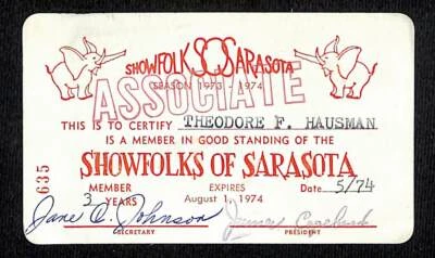 Tarjeta de membresía de los Showfolks of Sarasota 1974 de colección escasa elefantes de circo Foto 1 de 2