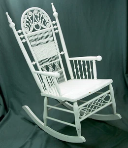 1800s Wakefield Rattan Company Eloborate Wicker Painted Rocking Arm Chair - Picture 1 of 8