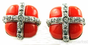 Tangerine Orange Coral Color & Crystal clip On Earrings - Picture 1 of 2