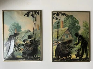Juego de 2 imágenes de silueta de vidrio convexo vintage de 2 victorianas pintadas al revés. - Imagen 1 de 7