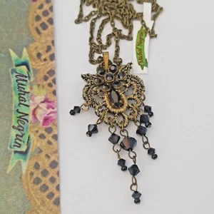 Michal Negrin Necklace Black Lace Gothic Dainty Crystals Victorian Royal Flower - Picture 1 of 13