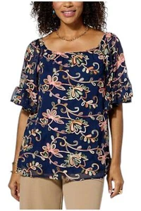 Nina Leonard Embroidered Flutter-Sleeve Top Navy Multi - Picture 1 of 1