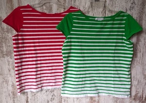 Lot 2 LIZ Claiborne Shirt Women M Stripe Red wht Green wht Top T-shirt short slv - Picture 1 of 13