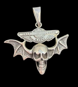 Harley Davidson 100th Anniversary Sterling Silver Skull Bat Wings Pendant - Picture 1 of 9