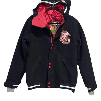 Burton Bomber Coat Women M Snowboard Ski Jacket Wool Varsity Hood Black Pink - Image 1 of 4