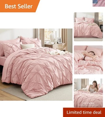 Pinch Pleat Pink Queen Comforter Set - Luxurious 7 Piece All-Season Bedding - Image 1 of 4