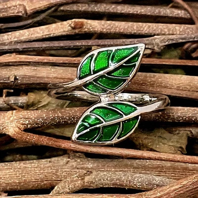 Leaf 925 Sterling Silver Nature Inspired Ring Green Enamel Jewelry Gift For Her - Image 1 of 2