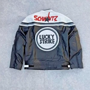 Lucky Strike Leder Biker Jacke schwarz weiß Rindsleder Racing Street Unisex - Bild 1 von 4