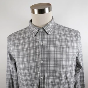 Black Brown 1826 Mens Cotton LS Button Up Gray White Plaid Dress Shirt Large - Picture 1 of 8