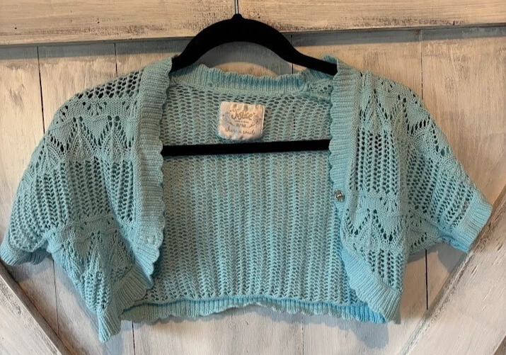 JUSTICE Girls Cropped Summer Cardigan Crochet Top Shirt 8/10 Blue Short-Sleeve - Image 1 of 4