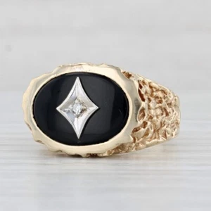 Vintage 10k Yellow Gold Onyx and Diamond Men's Nugget Signet Ring - Picture 1 of 5