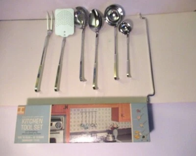 IRVIN WARE 7 pc set  of Chrome Kitchen Utensils Hook Back for Wall Bar-NEW-VTG - Image 1 of 4