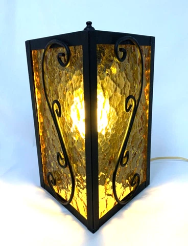 MCM VTG Wrought Iron Lamp Amber Textured Glass GOTHIC SPANISH REVIVAL look 60-70 Cover