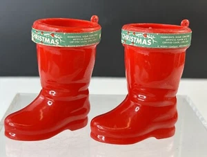 2 Vintage Rosbro Plastic Christmas Santa Boot Candy Ornament Container w/ Label - Picture 1 of 13