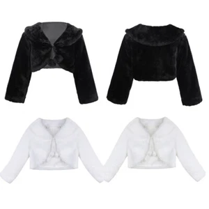 Girls Long Sleeves Faux Fur Bolero Shrug Jacket Wedding Flower Dress Warm Coat - Picture 1 of 38