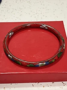 Vintage Chinese Cloisonne Red Floral Bangle Bracelet 6mm 2.7in - Picture 1 of 6
