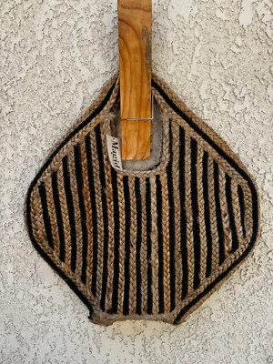 NWT-Large Black & Natural Jute Striped Beach Bag, Trapeze Tote - Image 1 of 2