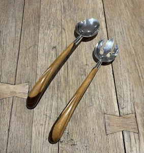 PAIR OF WOODEN HANDLED SALAD SERVERS - Picture 1 of 3