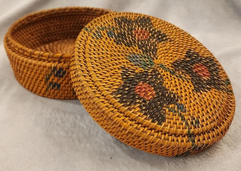 Vintage Lidded Basket with Painted Flowers Cover
