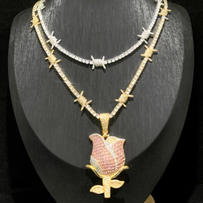 Hip Hop Rose Flower Pendant Necklace Bling 5A T Zircon Jewelry with Tennis Chain - Image 1 of 4