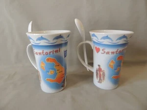 Greek 2 ceramic mugs with spoons set island Santorini - Picture 1 of 19