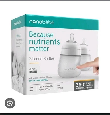 Силиконовые детские бутылочки Nanobebe 9 унций против колик, две упаковки белые-НОВЫЕ В ОРИГИНАЛЬНОЙ КОРОБКЕ - Изображение 1 из 4