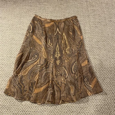 Anne Klein 6 Silk Women's Skirt Brown Paisley Velour Trim Side Zip Flowy Midi - Image 1 of 4
