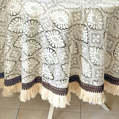 Mantel Vintage Años 70 Marrón Marfil Flecos Redondo Mediados de Siglo 70" Diámetro Encaje Foto 1 de 4