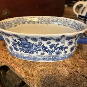 VINTAGE BLUE & WHITE DECHANG PORCELAIN GLAZED 13x8 Handles Serving Bowl Multiuse - Picture 1 of 9
