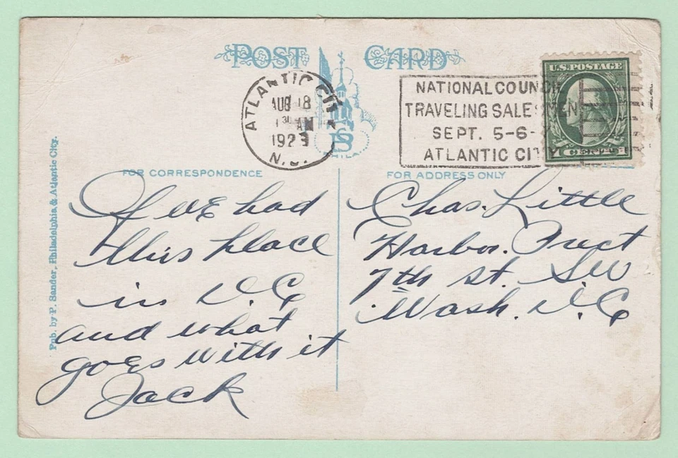 #462 ATLANTIC CITY PPC Slogan "NATIONAL COUNCIL/ TRAVELING SALESMEN/ SEPT 5-6-7" - Image 1 of 3