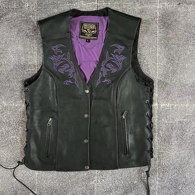 Women's Milwaukee Leather Black Purple Mesh Patch Motorcycle Vest Jacket Sz L - Image 1 of 4