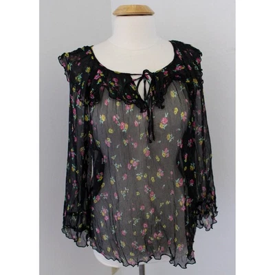 Blusa Johnny Was Peasant Top Talla 1X Negra Floral Seda Transparente Volantes Cuello Atado Foto 1 de 4