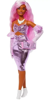 Barbie Deluxe Style Doll #1 in Glossy Pink Barbiecore Dress, Velvet Gloves New - Image 1 of 4