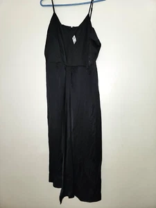NEW Express Satin Spaghetti Strap Midi Dress V Neck Asymmetrical Black L NEW - Picture 1 of 3