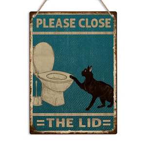 Black Cat Please Close The Lid Retro Bathroom Meta Sign Vintage Cat Lover Decor - Picture 1 of 18