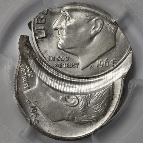 1964 PCGS MS65 Double Struck 2nd 50% Off Center Two Dates Silver Dime Mint Error Cover