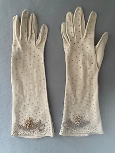 Vintage 1950s Gold Beaded Beige Gloves Size 7 - Picture 1 of 7