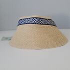 Sea & Grass Straw Sun Hat Visor w/ Blue and White Ribbon Tie Bow NWT