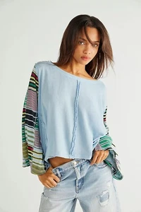We The Free Maxwell Blue hippie Thermal Tee Long Bell Statement Sleeves Sz Large - Picture 1 of 14