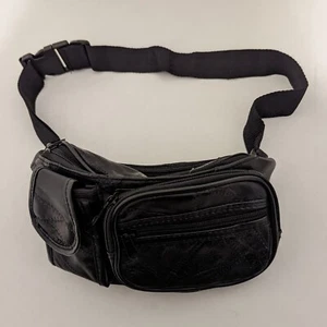 FANNY PACK Black Faux Leather Waist Bag Travel Purse Hip Belt Carry On Pouch - Picture 1 of 3
