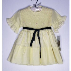 Vintage Polly Flinders Yellow Smocked Embroidered Velvet Bow Dress Deadstock 4T