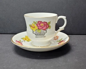 Vintage Staffordshire Flower Basket Fine Bone China Footed Teacup & Saucer Set - Picture 1 of 6