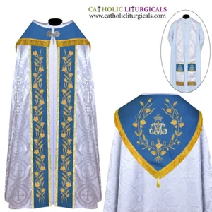 Silver Marian Blue Cope and Stole Set with AM embroidery,capa pluvial far fronte - Picture 1 of 1