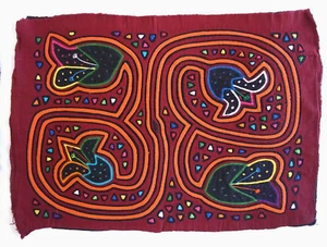 Pair of Vtg Molas Kuna Handsewn Folk Art Panama Reverse Applique Flower Panels - Picture 1 of 4
