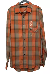 Sean John Shirt Mens Large Orange Plaid Long Sleeve Front Pocket New - Picture 1 of 8